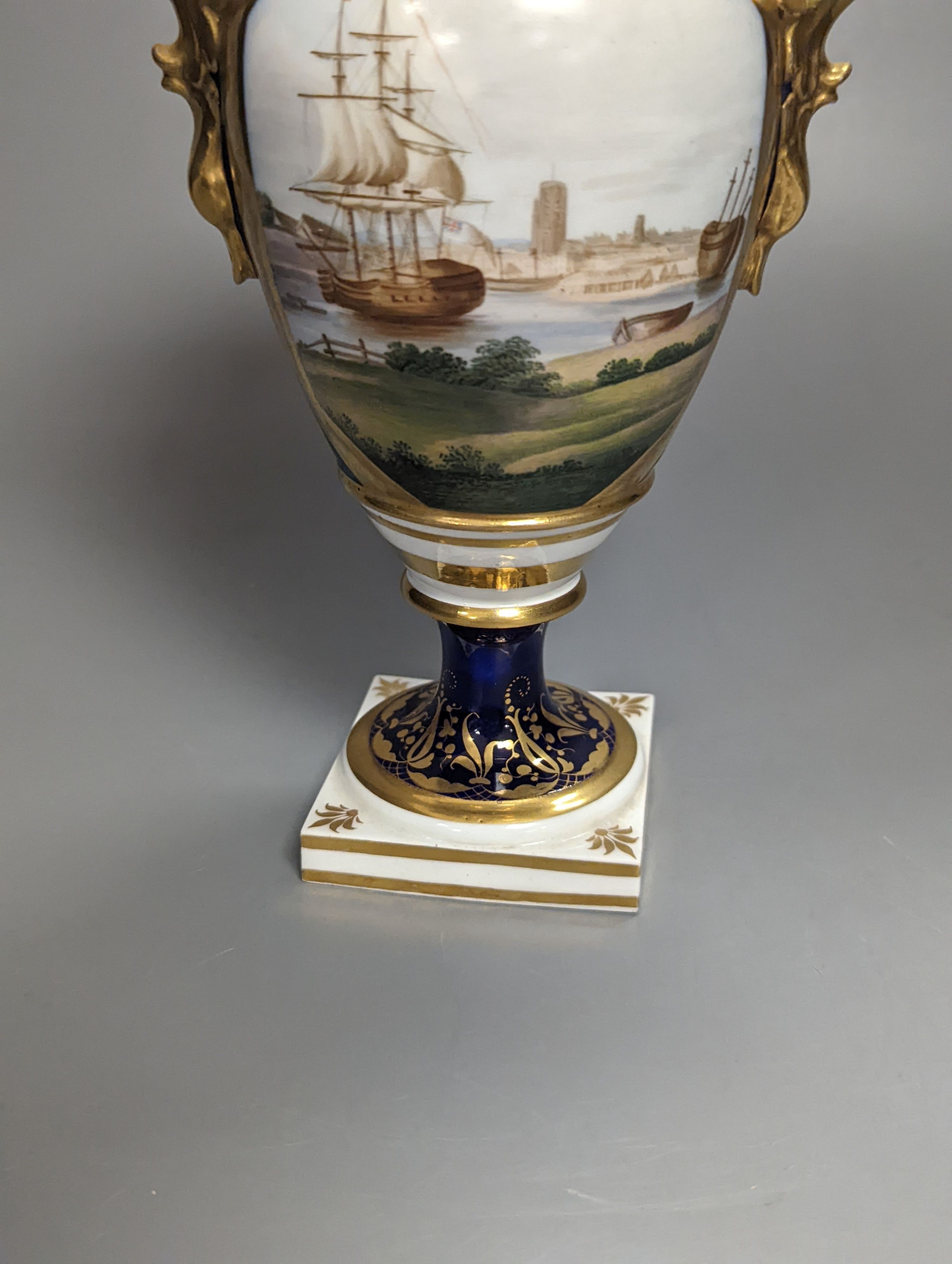 A Grainger Lee & Co. vase, painted with a view of Bristol Harbour and a sailing ship, c.1814-39, titled Bristol and Grainer in red script, height 23cm